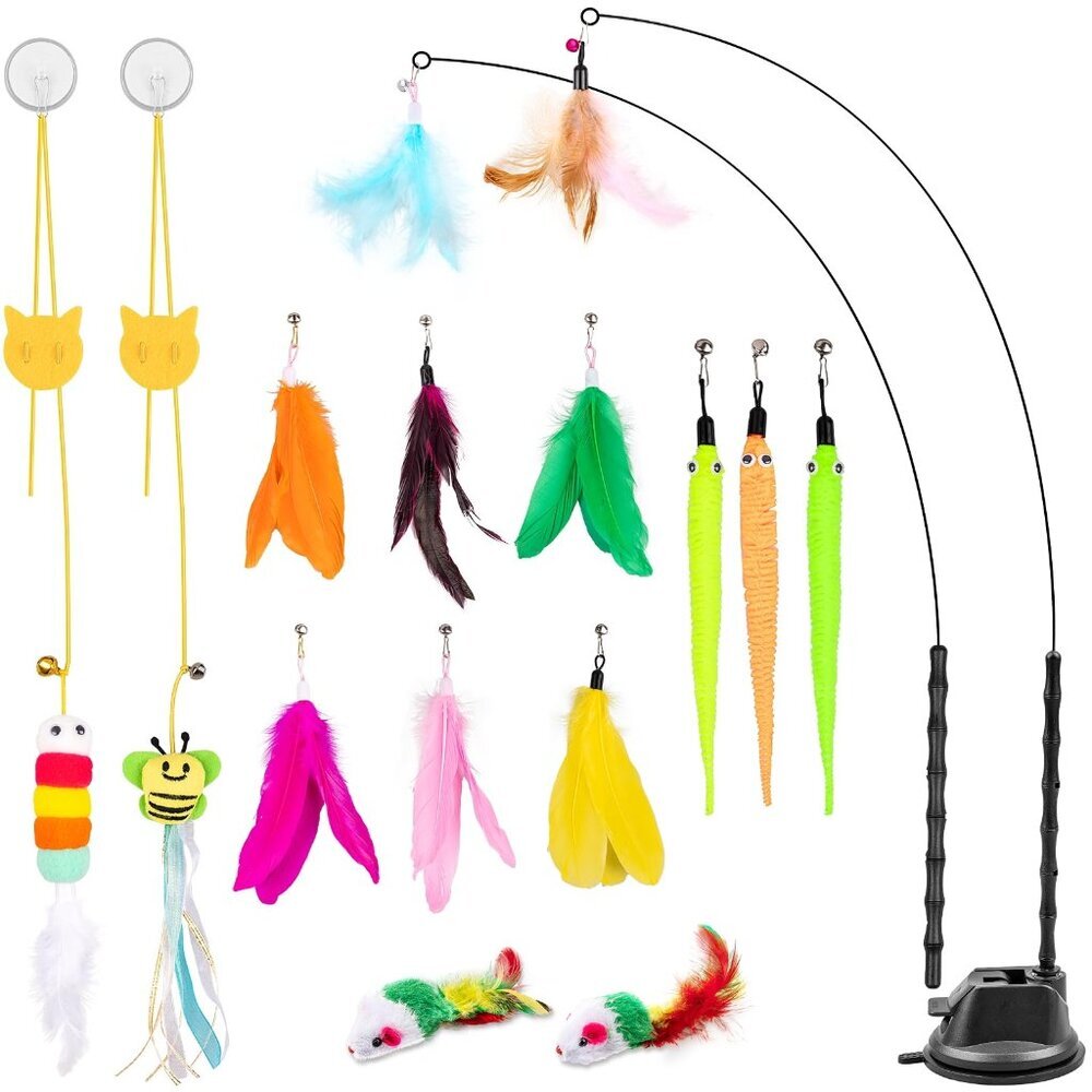 Interactive Cat Feather Toy Wand 15-Piece Set Suction Cup Play Modes